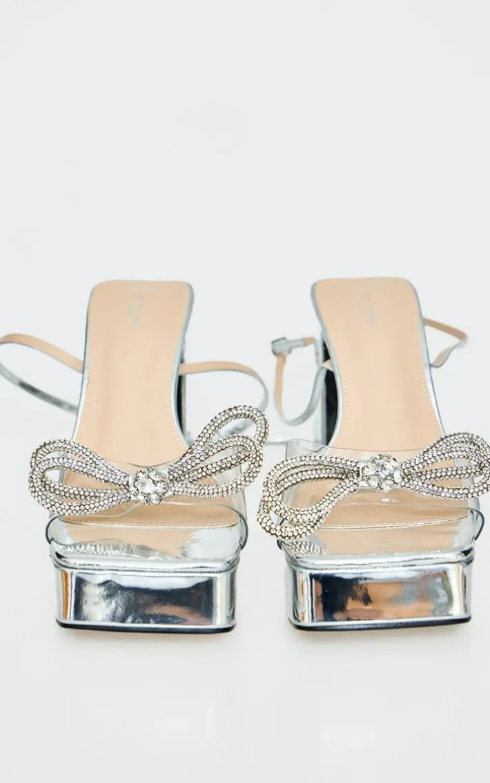 Clear Wide Fit Diamante Bow Strap Platform High Heeled Sandals