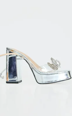 Clear Wide Fit Diamante Bow Strap Platform High Heeled Sandals