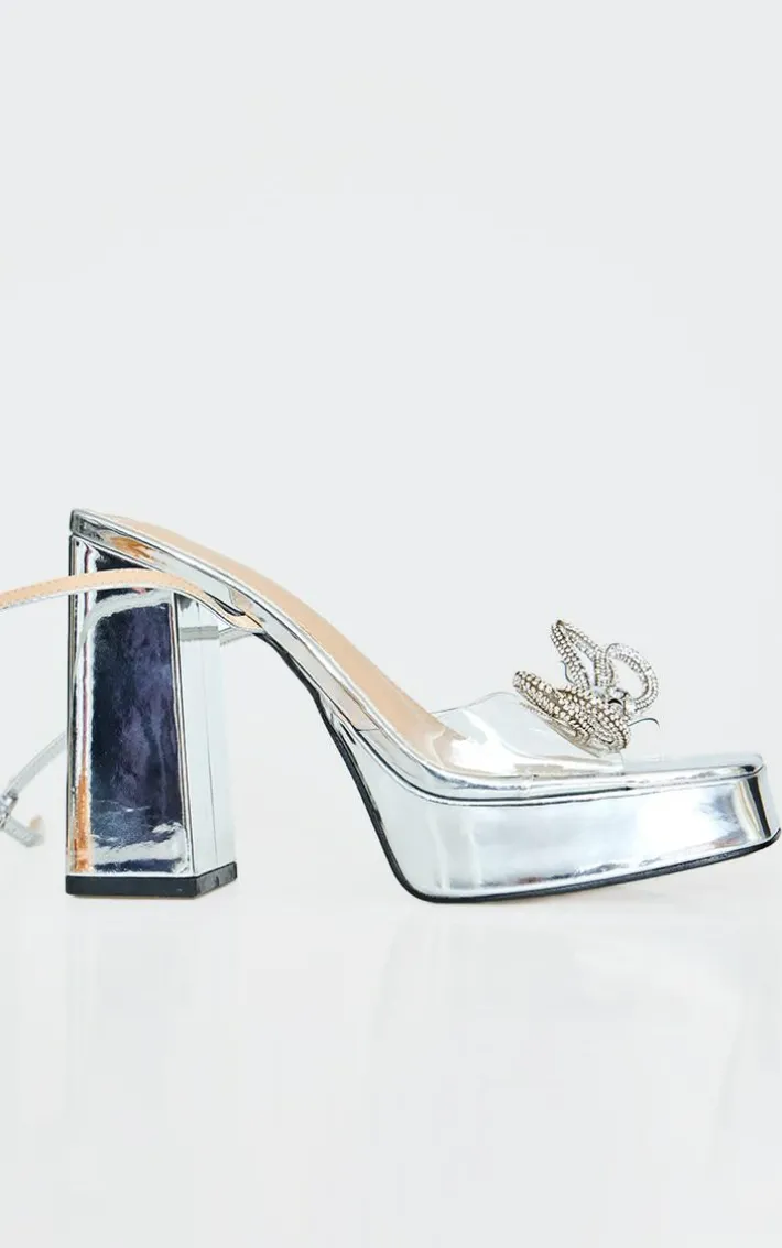 Clear Wide Fit Diamante Bow Strap Platform High Heeled Sandals