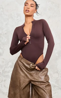 Coffee Contour Zip Up High Neck Bodysuit