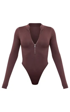 Coffee Contour Zip Up High Neck Bodysuit