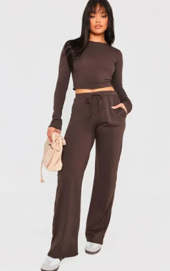Coffee Cotton Jersey Wide Leg Pants