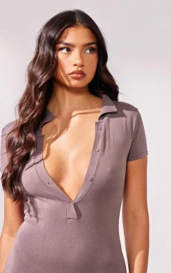 Coffee Knit Button Up Romper