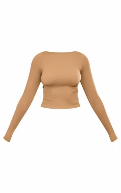 Coffee Snatched Rib Back Detail Long Sleeve Top