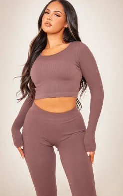 Coffee Structured Snatched Ribbed Long Sleeve Crop Top