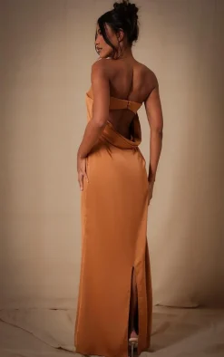 Copper Bridesmaid Satin Bandeau Maxi Dress