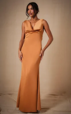 Copper Bridesmaid Satin Cowl Neck Maxi Dress