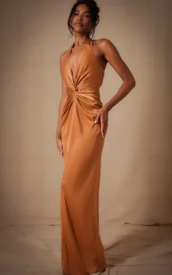 Copper Bridesmaid Satin Twist Plunge Halterneck Maxi Dress