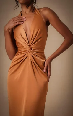 Copper Bridesmaid Satin Twist Plunge Halterneck Maxi Dress