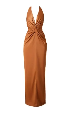 Copper Bridesmaid Satin Twist Plunge Halterneck Maxi Dress