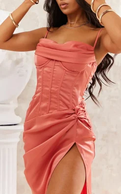 Coral Draped Corset Ruffle Gathered Dress