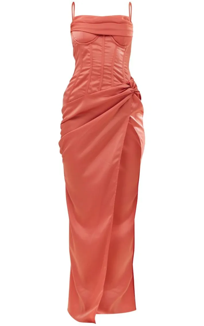 Coral Draped Corset Ruffle Gathered Dress
