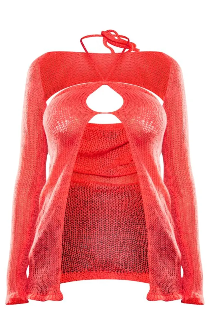 Coral Open Knit Open Front Top & Sleeves