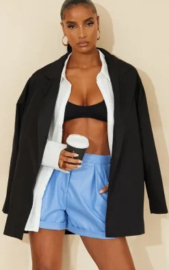 Cornflower Blue Faux Leather Pleat Detail Shorts