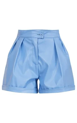 Cornflower Blue Faux Leather Pleat Detail Shorts