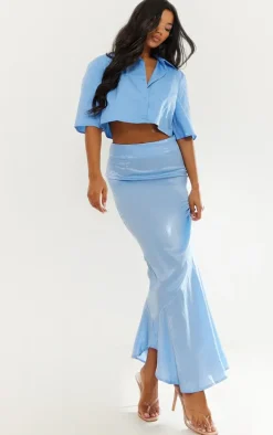 Cornflower Blue Hammered Satin Fishtail Midaxi Skirt