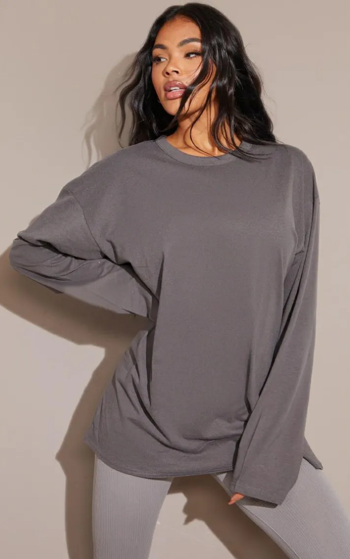 Cotton Charcoal Oversized Long Sleeve T-Shirt