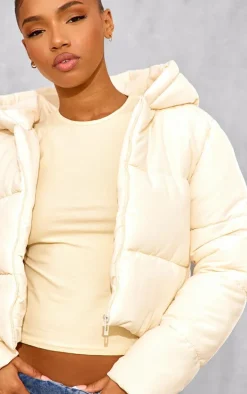 Cream Basic Hooded Zip Up Cropped Puffer Jacket