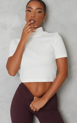 Cream Basic Rib High Neck Short Sleeve Crop Top