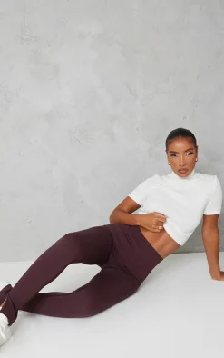 Cream Basic Rib High Neck Short Sleeve Crop Top