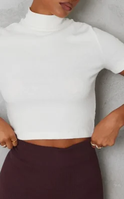 Cream Basic Rib High Neck Short Sleeve Crop Top