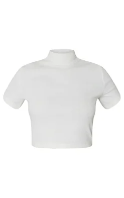 Cream Basic Rib High Neck Short Sleeve Crop Top