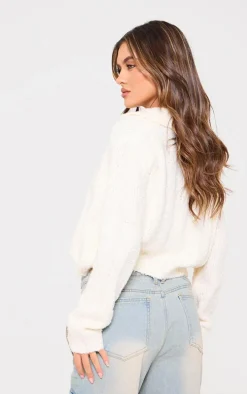 Cream Bobble Knit Collar Detail Top