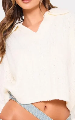 Cream Bobble Knit Collar Detail Top