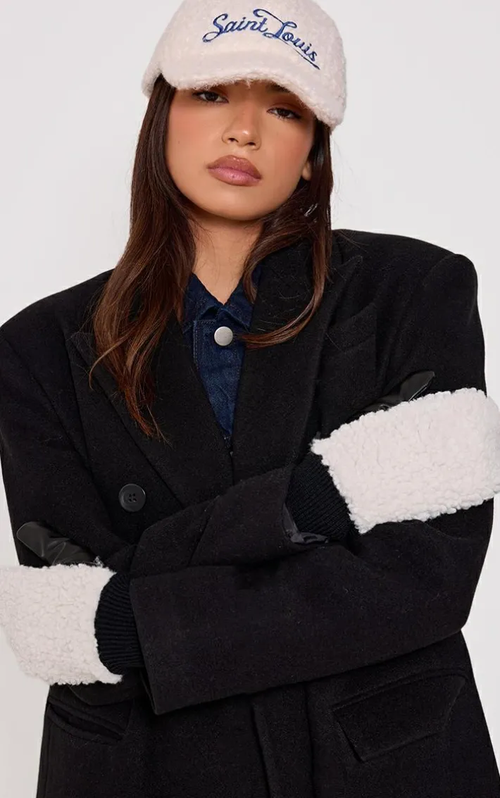 Cream Borg Contrast PU Mittens