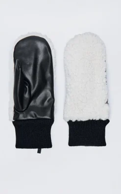 Cream Borg Contrast PU Mittens