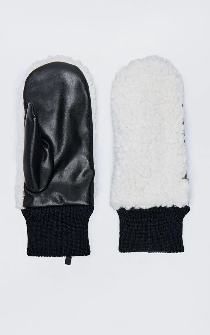 Cream Borg Contrast PU Mittens