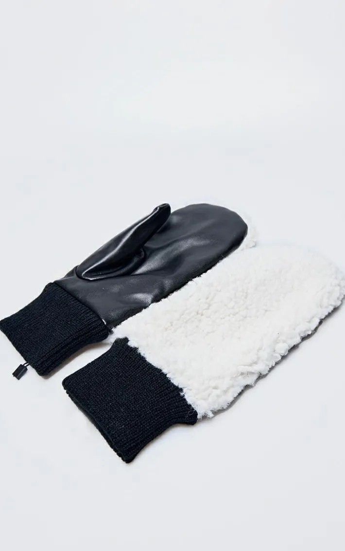 Cream Borg Contrast PU Mittens