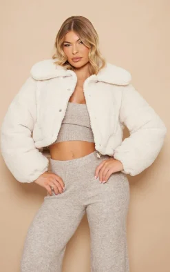 Cream Borg Cropped Puffer Coat