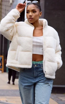 Cream Borg Teddy Puffer Coat