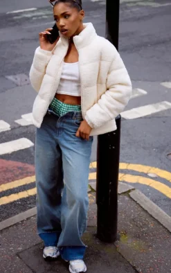 Cream Borg Teddy Puffer Coat