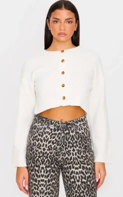 Cream Boucle Knit Button Through Cropped Cardigan