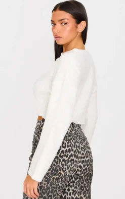 Cream Boucle Knit Button Through Cropped Cardigan