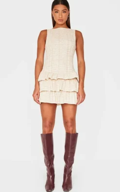 Cream Boucle Sleeveless Frill Mini Dress