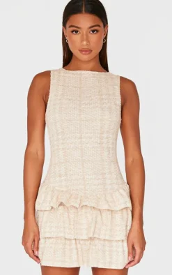 Cream Boucle Sleeveless Frill Mini Dress