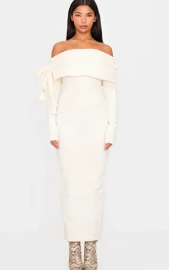 Cream Brushed Rib Bow Detail Bardot Maxi Dress