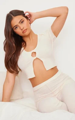 Cream Brushed Rib Long Sleeve Pajama Top