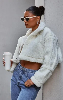 Cream Buckle Collar Borg Aviator Jacket