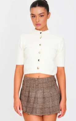 Cream Button Up Cap Sleeve Boucle Knit Cardigan