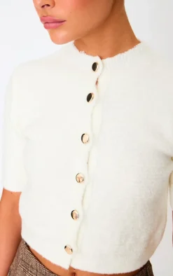 Cream Button Up Cap Sleeve Boucle Knit Cardigan