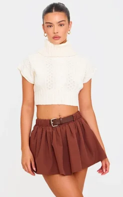 Cream Cable Knit Roll Neck Cap Sleeve Cropped Vest