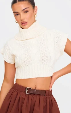 Cream Cable Knit Roll Neck Cap Sleeve Cropped Vest