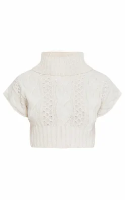 Cream Cable Knit Roll Neck Cap Sleeve Cropped Vest