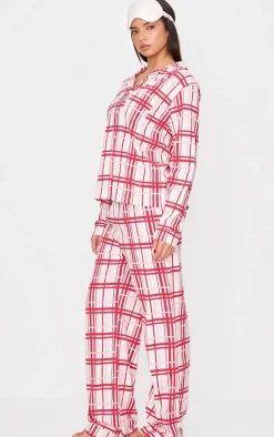 Cream Check Print Jersey Long Pj Set