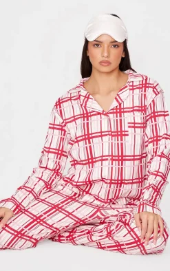 Cream Check Print Jersey Long Pj Set