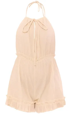 Cream Cheesecloth Halter Neck Frill Hem Romper